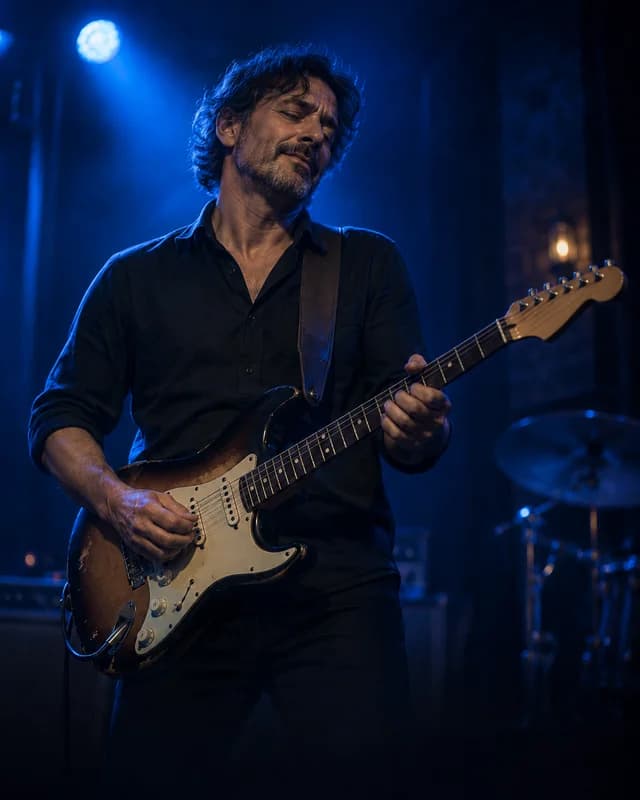 A fictional blues guitarist playing an electric guitar under blue stage lights