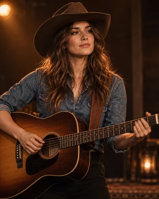 A fictional country musician in a western hat playing an acoustic guitar on a warmly lit stage