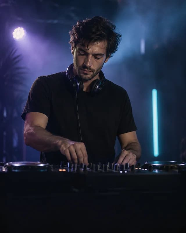 A fictional electronic music performer at a DJ controller under violet and cyan stage lights