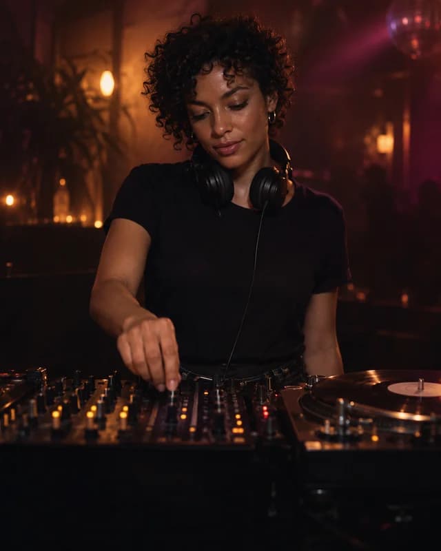A fictional female house DJ at a mixer under amber and magenta club lights