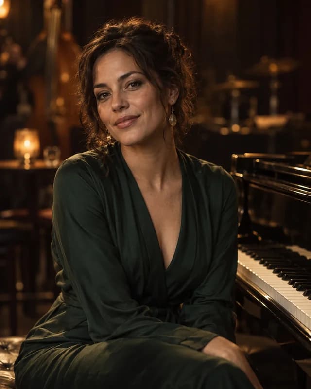 A fictional jazz musician beside a piano in a warm club