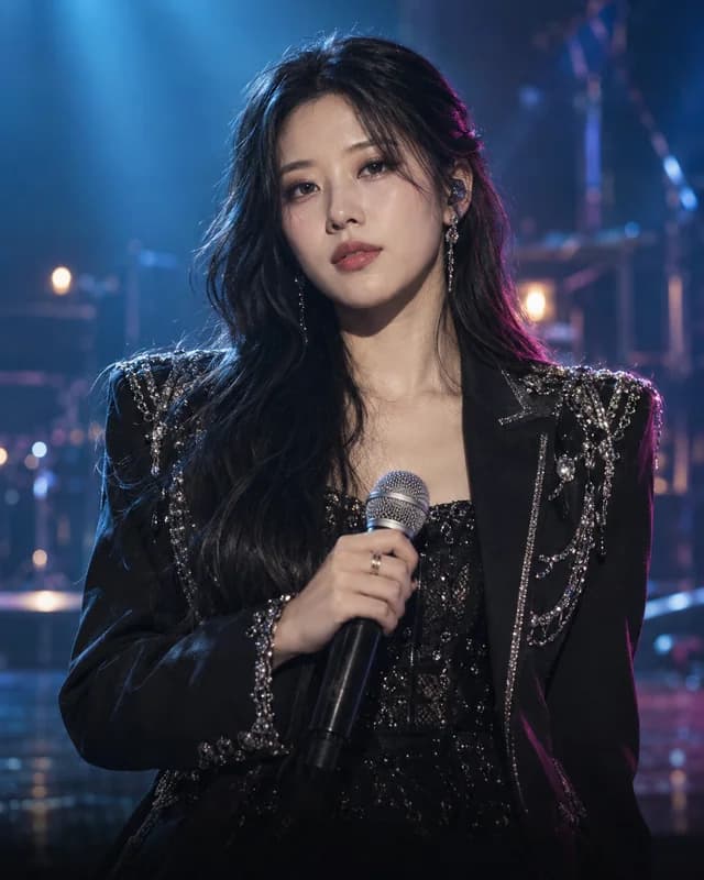 A fictional K-pop performer under colorful stage lights