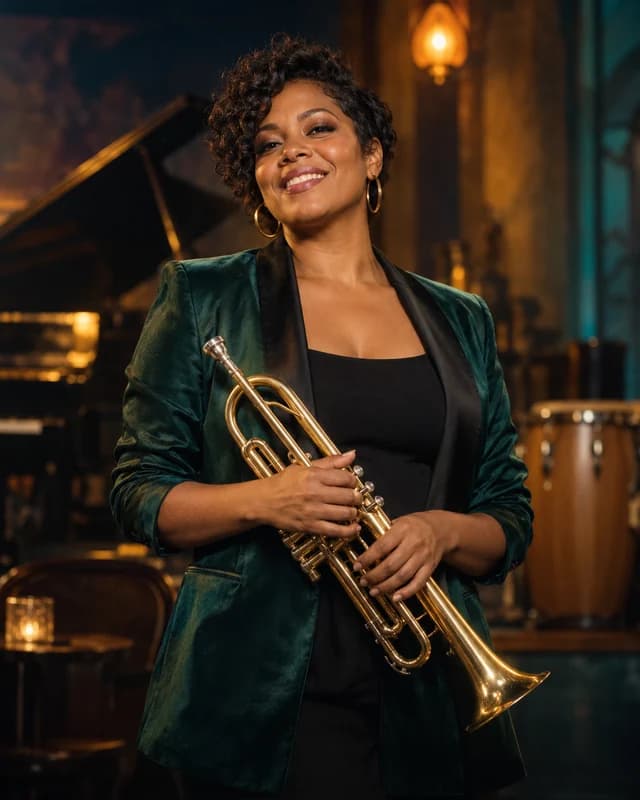 A fictional mambo trumpet player in an emerald jacket on a warmly lit Latin ballroom stage