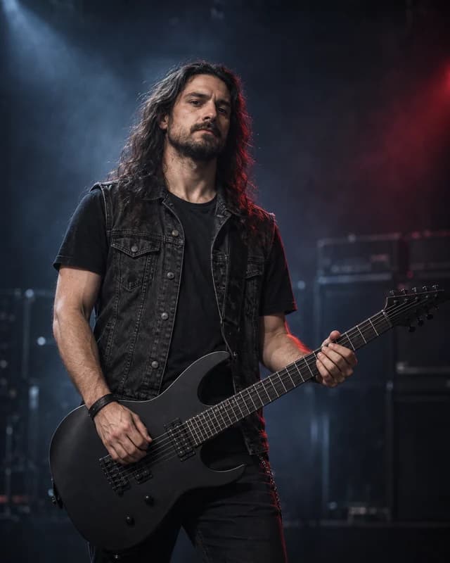 A fictional long-haired metal guitarist holding a black electric guitar under blue and red stage lights