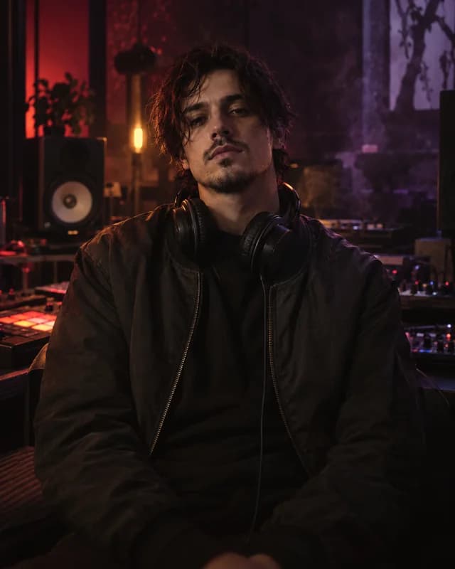 A fictional phonk music producer wearing headphones around his neck in a red and violet lit studio