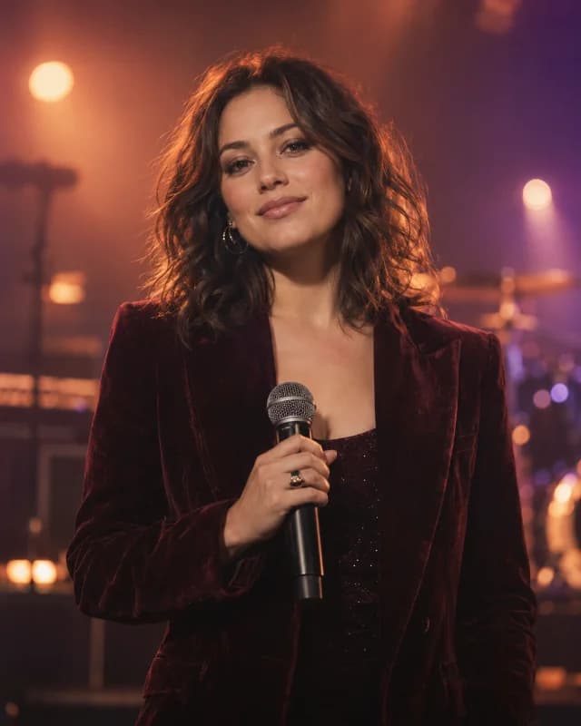 Portrait of a fictional pop singer holding a microphone on a warmly lit stage
