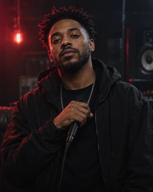 A fictional rap artist performing in a dark studio