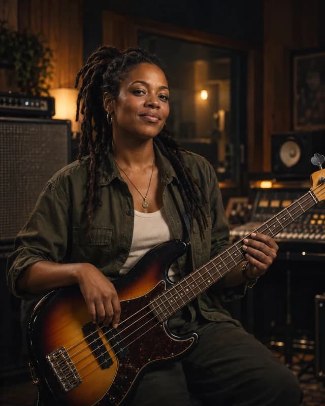 A fictional reggae bass player with natural locs holding a sunburst electric bass in a warmly lit studio
