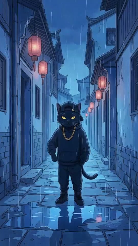 Last Train Anthem: an illustrated black cat on a blue nighttime street