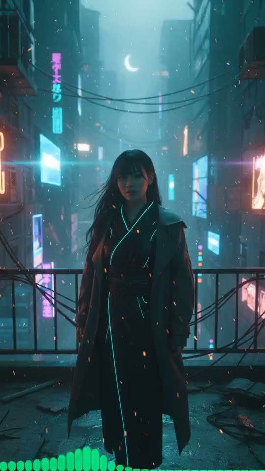 Una mujer en una calle iluminada por neones turquesa